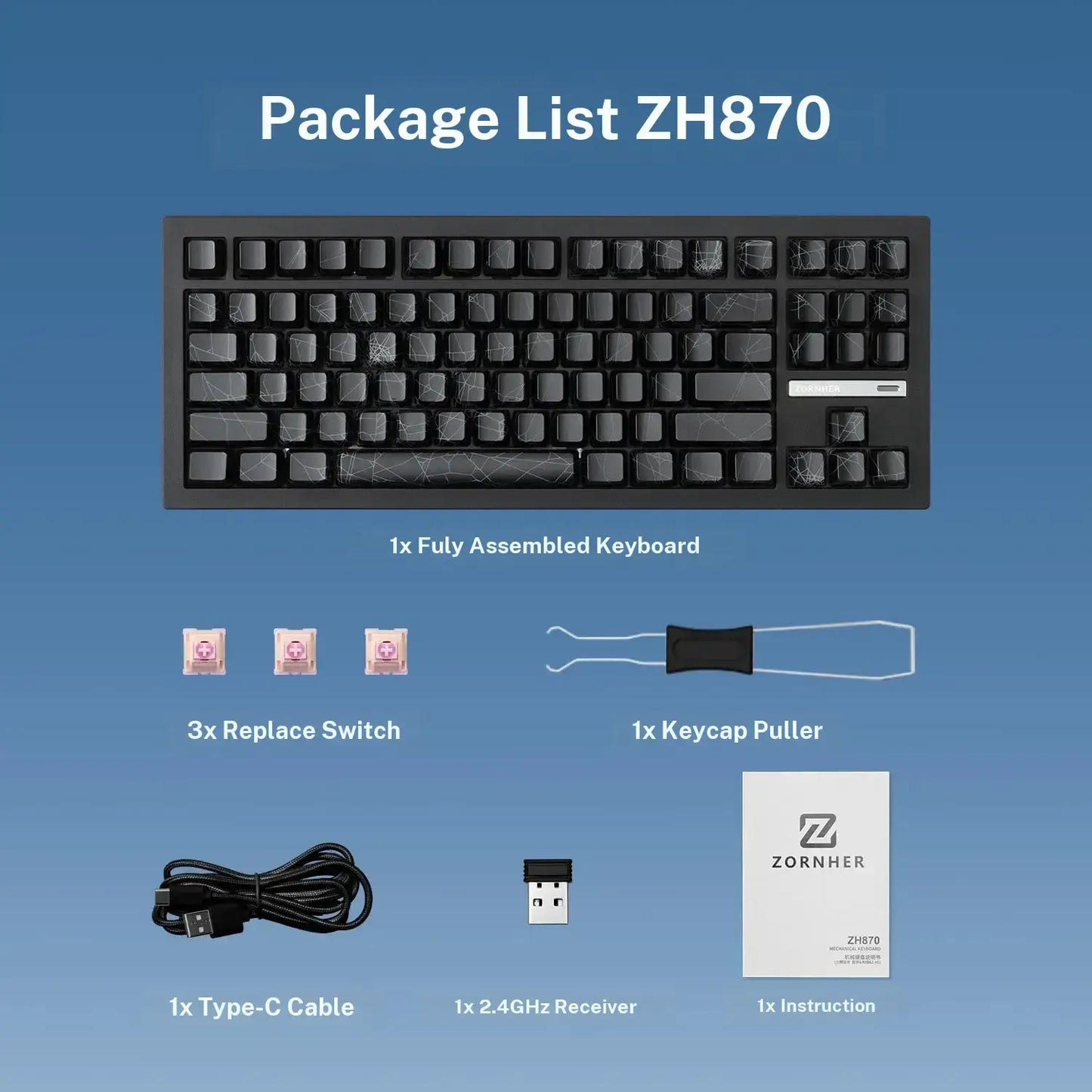 ZORNHER ZH870 80% BT5.0 Wireless Mechanical Creamy Keyboard, Hot Swappable Linear Switches, RGB Lighting, 2.4Ghz/Usb C Connectivity, Spider Web IMD PC Keycaps, Keyboards for Gaming, Gaming PC Accessories Color Backlight Keyboard Computer Game Hardware Tik