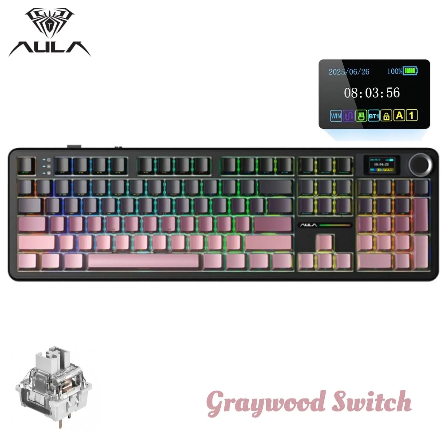 New AULA F108 Pro Tri Mode Wireless Mechanical Gaming Keyboard Hot Swappable RGB Backlit Smart Screen and Knob Full Size with Num Pad USB C BT 2.4G for E Sports and Office Use