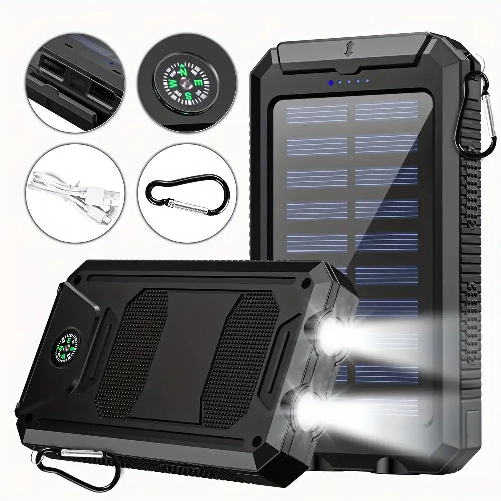 10000Mah Compact Durable Solar Power Bank - Handy Digital Device Accessories, Multi-Use Portable Charger with Dual USB-A Outputs, Flashlight, Compass, Carabiner, Waterproof Tools and Gadgets for Outdoor Activities, Android Phones