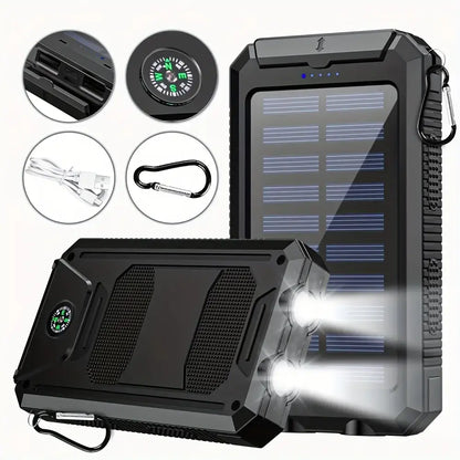 10000Mah Compact Durable Solar Power Bank - Handy Digital Device Accessories, Multi-Use Portable Charger with Dual USB-A Outputs, Flashlight, Compass, Carabiner, Waterproof Tools and Gadgets for Outdoor Activities, Android Phones