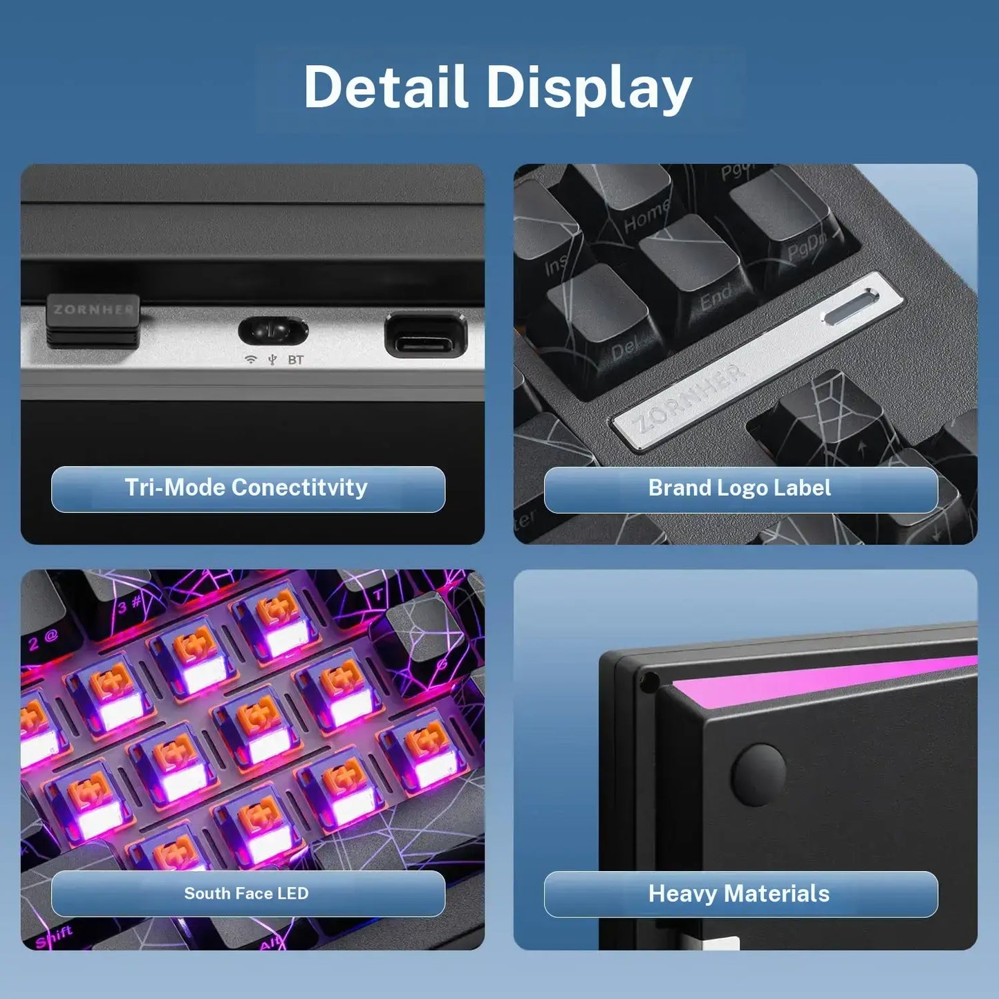 ZORNHER ZH870 80% BT5.0 Wireless Mechanical Creamy Keyboard, Hot Swappable Linear Switches, RGB Lighting, 2.4Ghz/Usb C Connectivity, Spider Web IMD PC Keycaps, Keyboards for Gaming, Gaming PC Accessories Color Backlight Keyboard Computer Game Hardware Tik