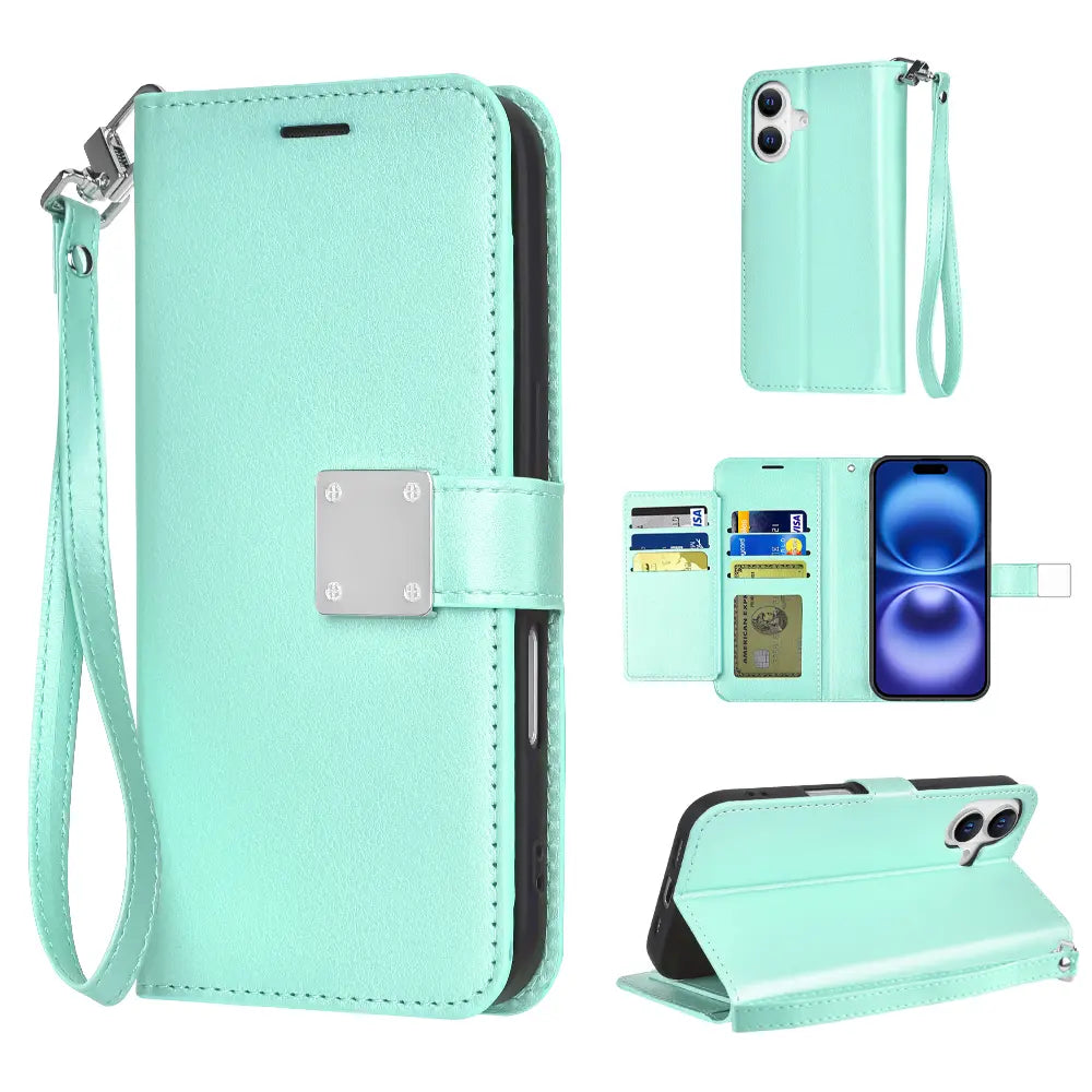 Premium Synthetic Leather Bi-Fold Wallet Case with Strap for Apple iPhone 16 - Stylish Credit Card Holder and Stand