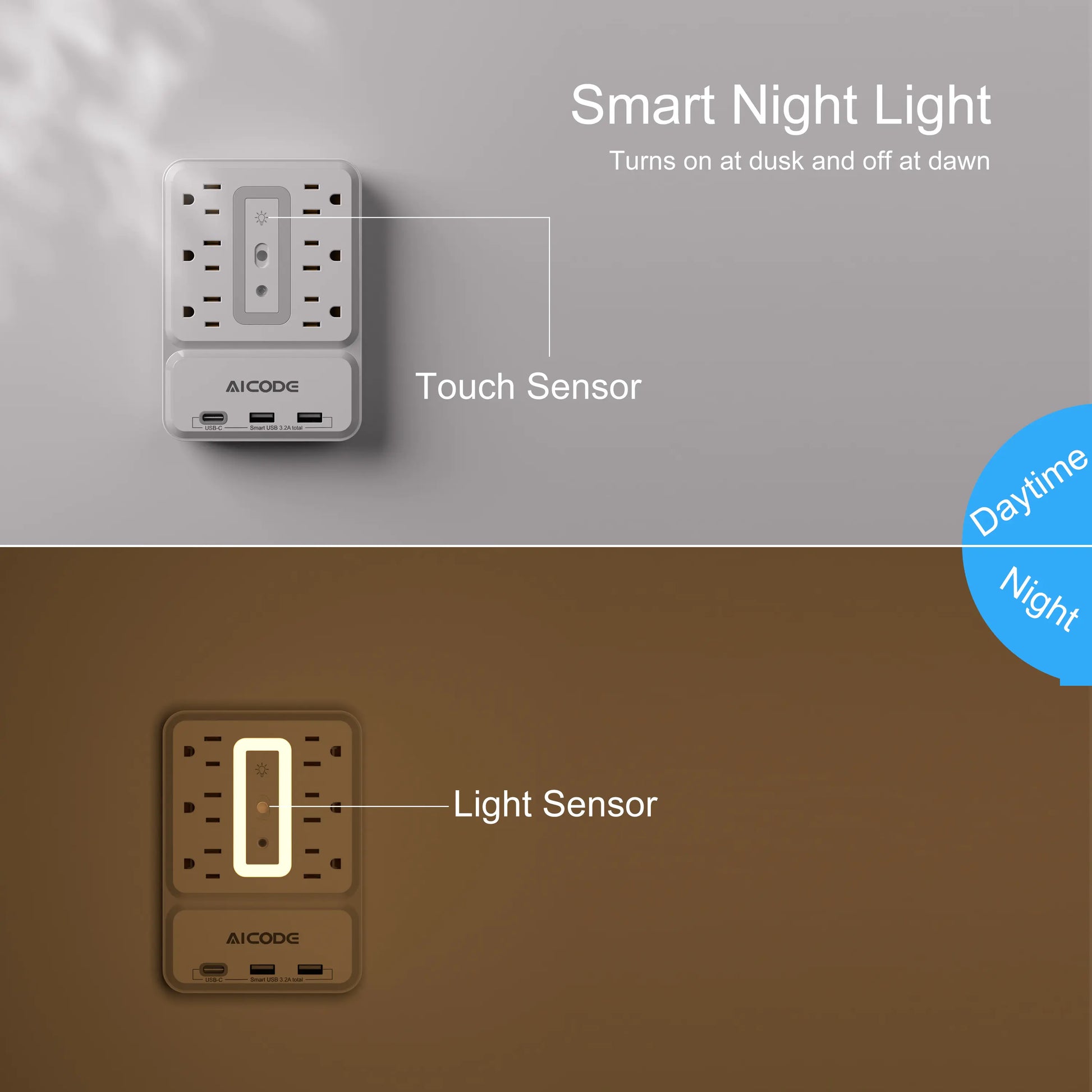 Outlet Extender with USB C, Multi Outlet Surge Protector with Nightlight, 6 Outlet Wall Plug with USB (3 USB a & 1 USB C), Wall Mount Multiple Plug Outlet Power Strip for Home, Dorm, Office