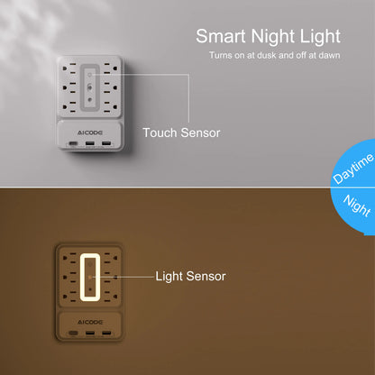 Outlet Extender with USB C, Multi Outlet Surge Protector with Nightlight, 6 Outlet Wall Plug with USB (3 USB a & 1 USB C), Wall Mount Multiple Plug Outlet Power Strip for Home, Dorm, Office