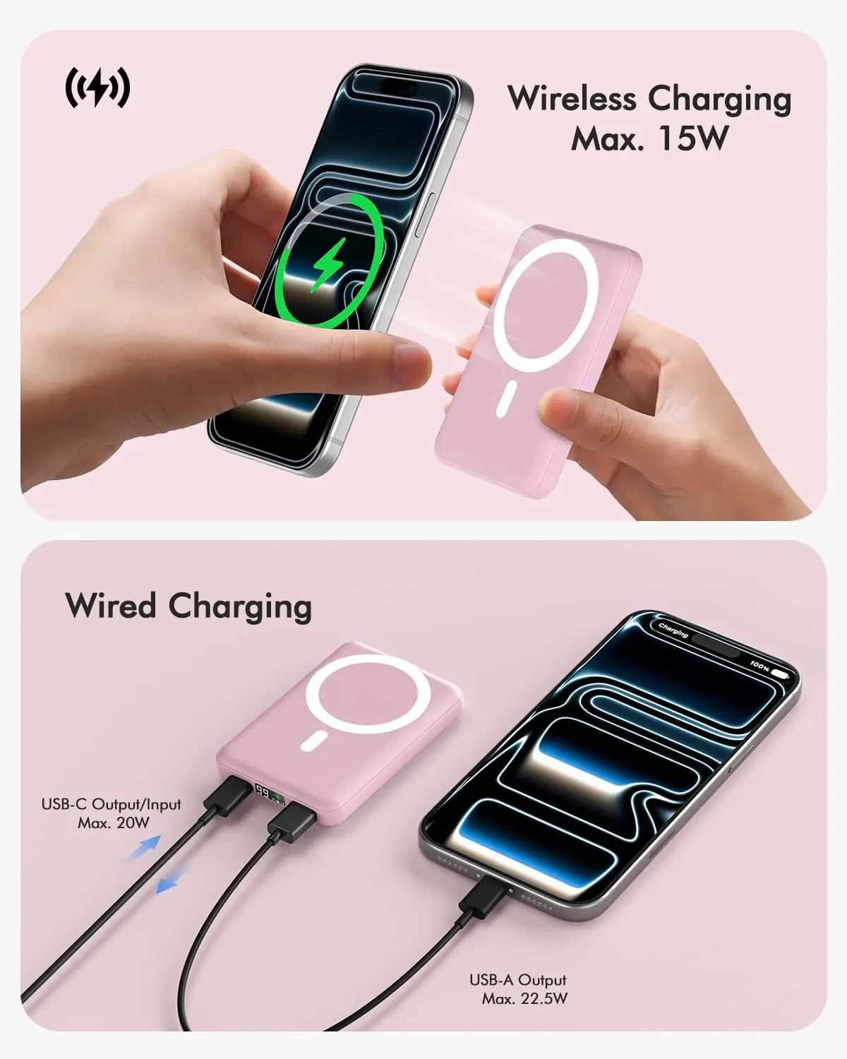 Podoru for Magsafe Power Bank, 10000Mah Magnetic Portable Charger with 22.5W PD Fast Charging USB-C Cable LED Display Wireless Battery Pack for Iphone 17/16/15/14/13/12 Series-Pink Easy Portability Fold Stand,Back to School,Back to School Haul