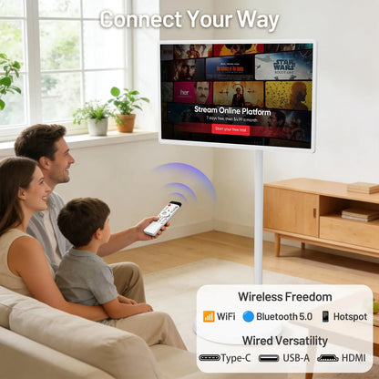 KEFEYA 32-Inch Portable Smart TV - 1080P Full HD Touch Screen, Rechargeable Android 15, 8G RAM, 128G Storage, 360° Swivel, All-Day Battery, Perfect for Backyard Gatherings & Video Playback!