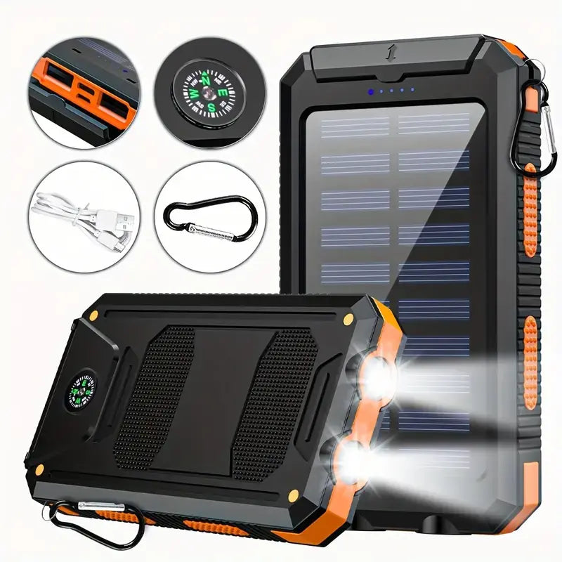 10000Mah Compact Durable Solar Power Bank - Handy Digital Device Accessories, Multi-Use Portable Charger with Dual USB-A Outputs, Flashlight, Compass, Carabiner, Waterproof Tools and Gadgets for Outdoor Activities, Android Phones