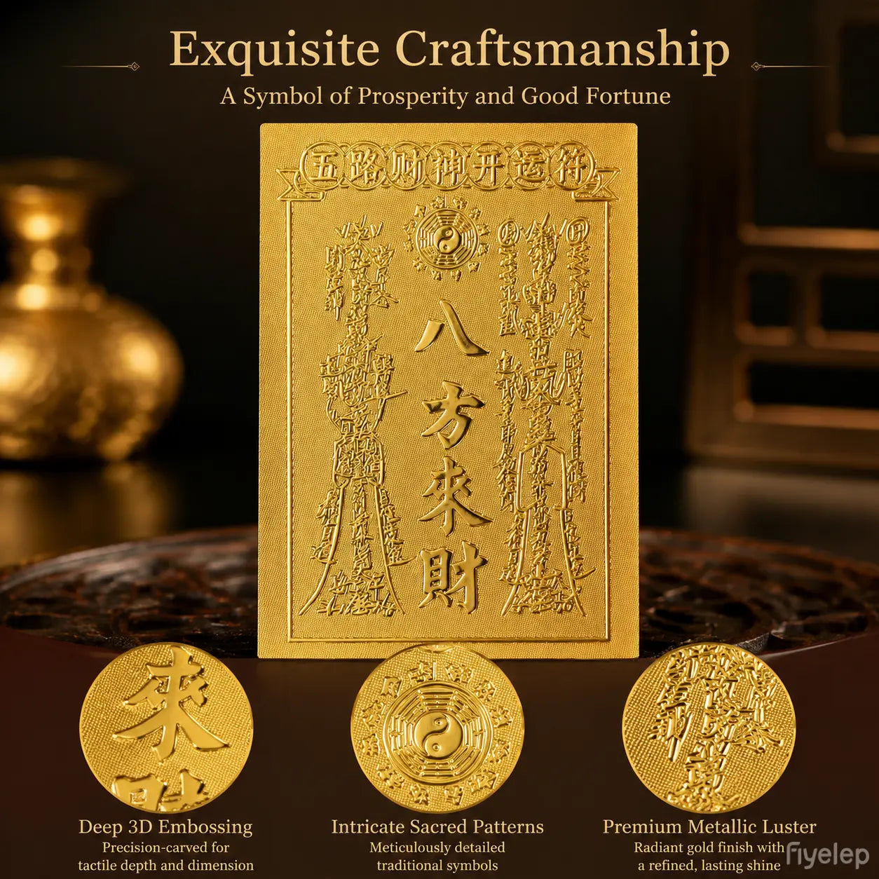 3D Metallic Gold-Tone Fengshui Talisman Sticker - Attract Wealth & Abundance for Mobile Phone Cases (4.4x6.6cm) - Stylish Coastal Sohochic Accessory