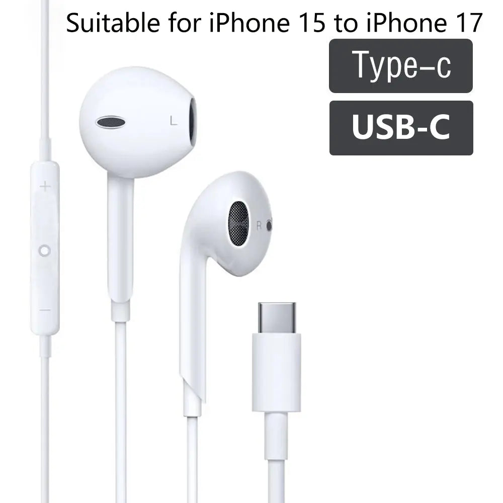 USB-C Earphones with Mic, Volume Control, Hifi Stereo - Compatible with Iphone 17/17 Pro/16/15, Samsung S25/S24/S23, Pixel 10/9, Oneplus & USB-C Phones