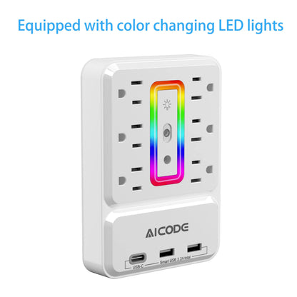 Outlet Extender with USB C, Multi Outlet Surge Protector with Nightlight, 6 Outlet Wall Plug with USB (3 USB a & 1 USB C), Wall Mount Multiple Plug Outlet Power Strip for Home, Dorm, Office
