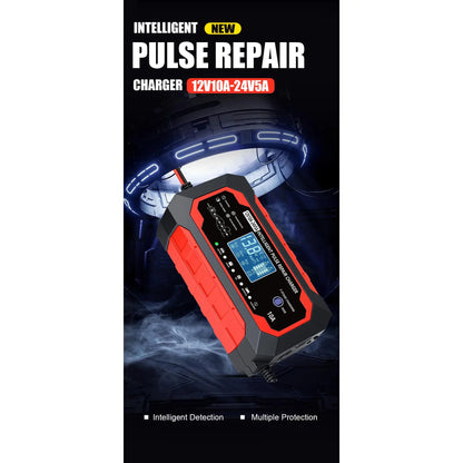 12V 10A-24V 5A Full Auto Fast Car Battery Charger - Intelligent Pulse Repair Replenisher with LCD Screen, Multifunctional for Cars, Trucks, Marine Batteries
