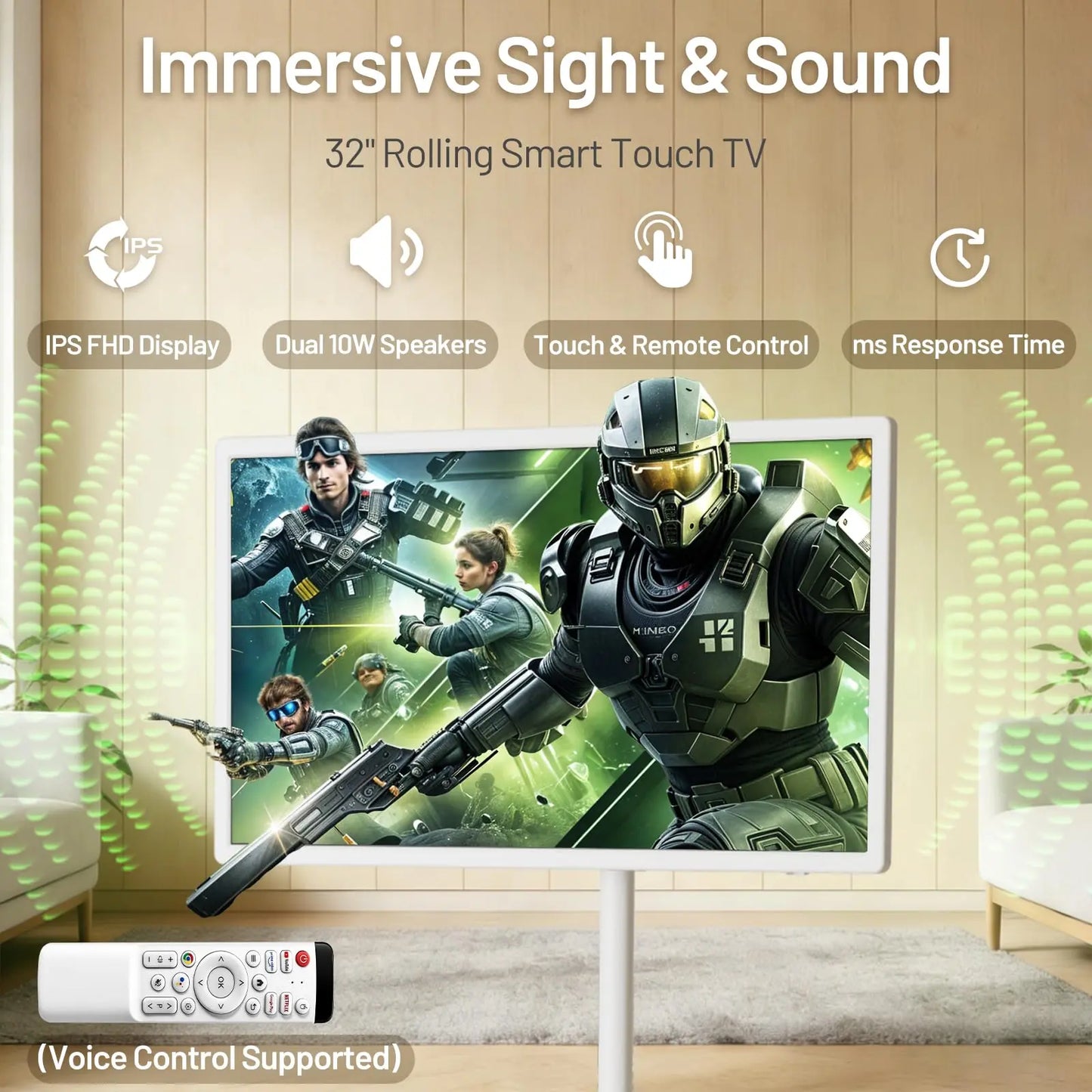 KEFEYA 32-Inch Portable Smart TV - 1080P Full HD Touch Screen, Rechargeable Android 15, 8G RAM, 128G Storage, 360° Swivel, All-Day Battery, Perfect for Backyard Gatherings & Video Playback!