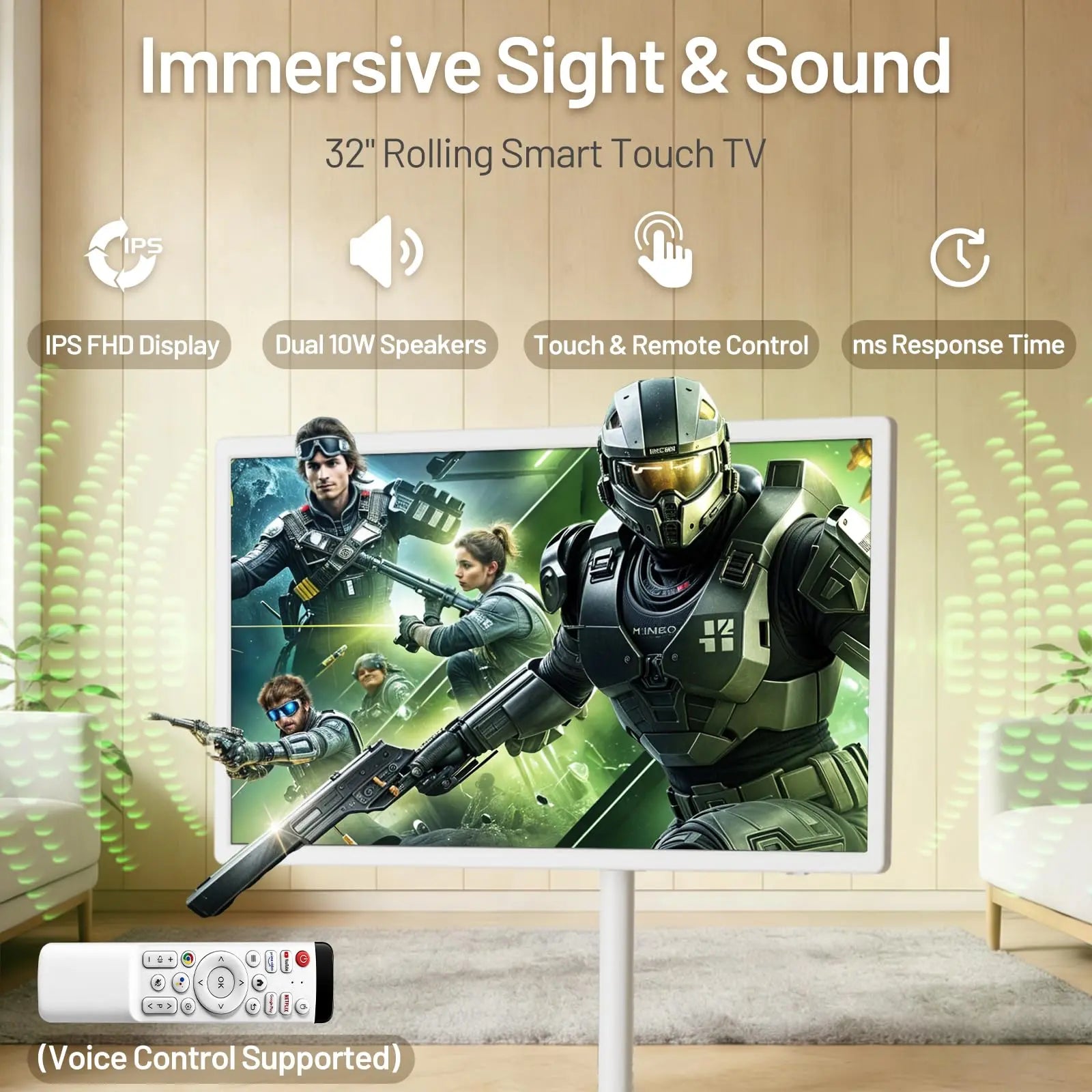 KEFEYA 32-Inch Portable Smart TV - 1080P Full HD Touch Screen, Rechargeable Android 15, 8G RAM, 128G Storage, 360° Swivel, All-Day Battery, Perfect for Backyard Gatherings & Video Playback!