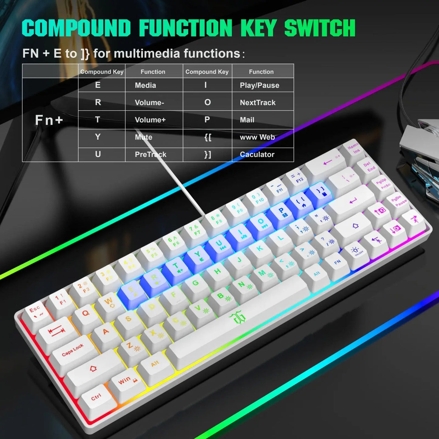 68 Keys 60% Gaming Keyboard, RGB Rainbow LED Backlit Mini Keyboard, Ergonomic Mechanical Feel Keyboard, Full Compatibility for Windows PC Laptop Compact