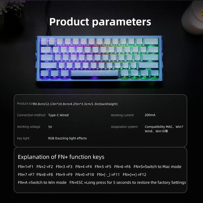 60% Mechanical Keyboard, Fresh Blue Translucent Gasket Mount Hot-Swappable RGB Wired Gaming Keyboard with Red Switch, N-Key Rollover for Clean Aesthetic PC Setup, 60 Percent Keyboard Compact