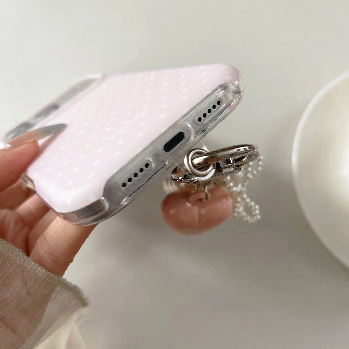 Creative Fashion Double-Layer Half-Wrapped Shockproof Durable TPU Protective Case, Shockproof Smartphone Accessories, Solid Polka Dot Pattern with Cute Heart Charm, Ideal Gift for Girls, 3 Colors for Iphone 17 Pro Max