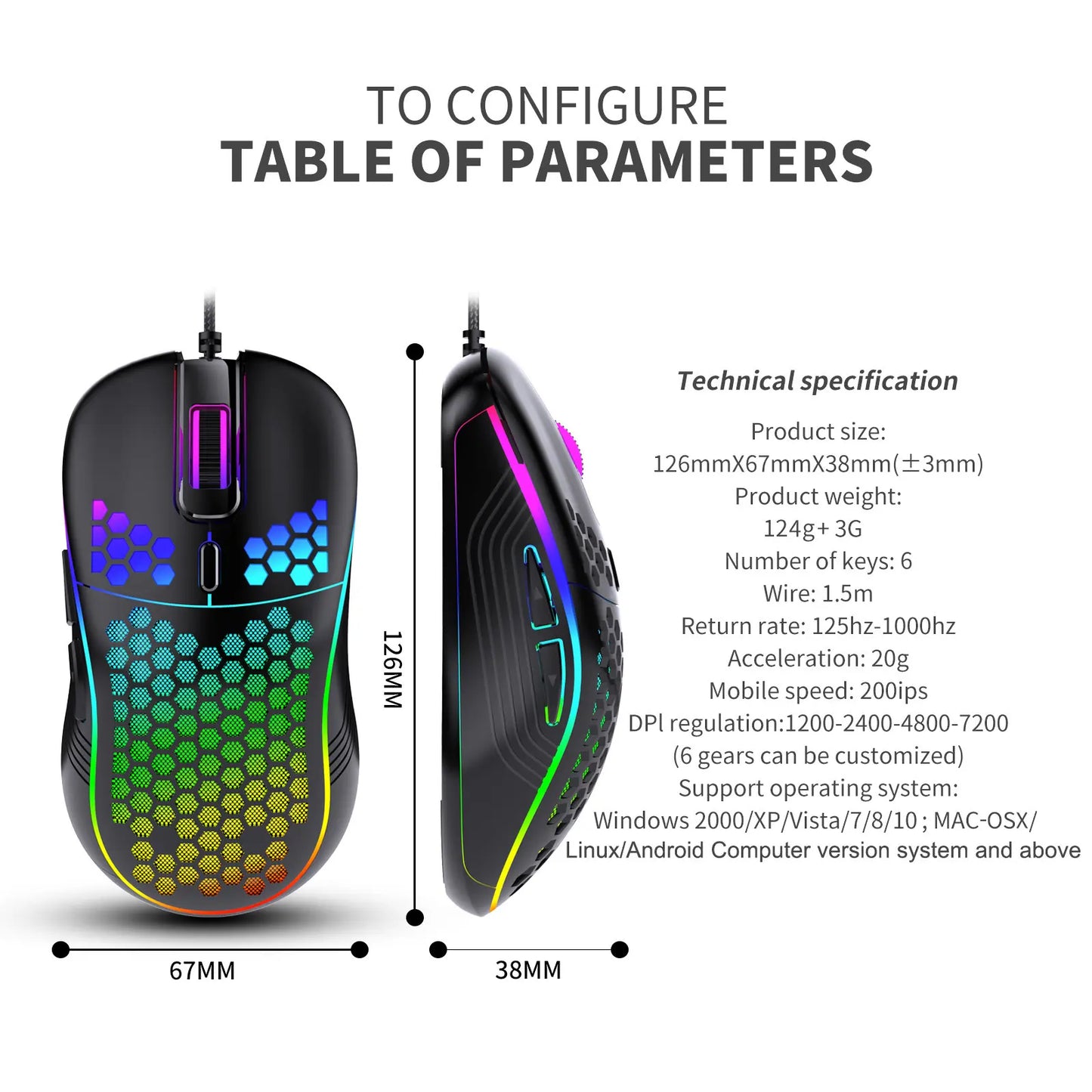 Honeycomb Wired Gaming Mouse, RGB Light with On/Off Switch, 7200 Adjustable DPI, Ergonomic Lightweight 100G Design, High Precision Optical Sensor, 6 Buttons 1.5M Cable, Compatible with PC Laptop Gamers