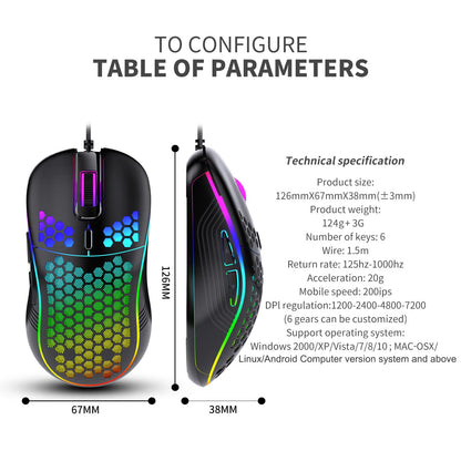 Honeycomb Wired Gaming Mouse, RGB Light with On/Off Switch, 7200 Adjustable DPI, Ergonomic Lightweight 100G Design, High Precision Optical Sensor, 6 Buttons 1.5M Cable, Compatible with PC Laptop Gamers