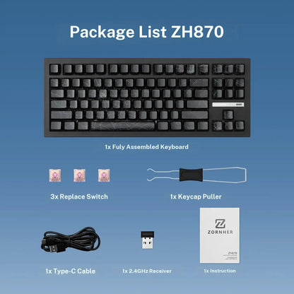 ZORNHER ZH870 80% BT5.0 Wireless Mechanical Creamy Keyboard, Hot Swappable Linear Switches, RGB Lighting, 2.4Ghz/Usb C Connectivity, Spider Web IMD PC Keycaps, Keyboards for Gaming, Gaming PC Accessories Color Backlight Keyboard Computer Game Hardware Tik