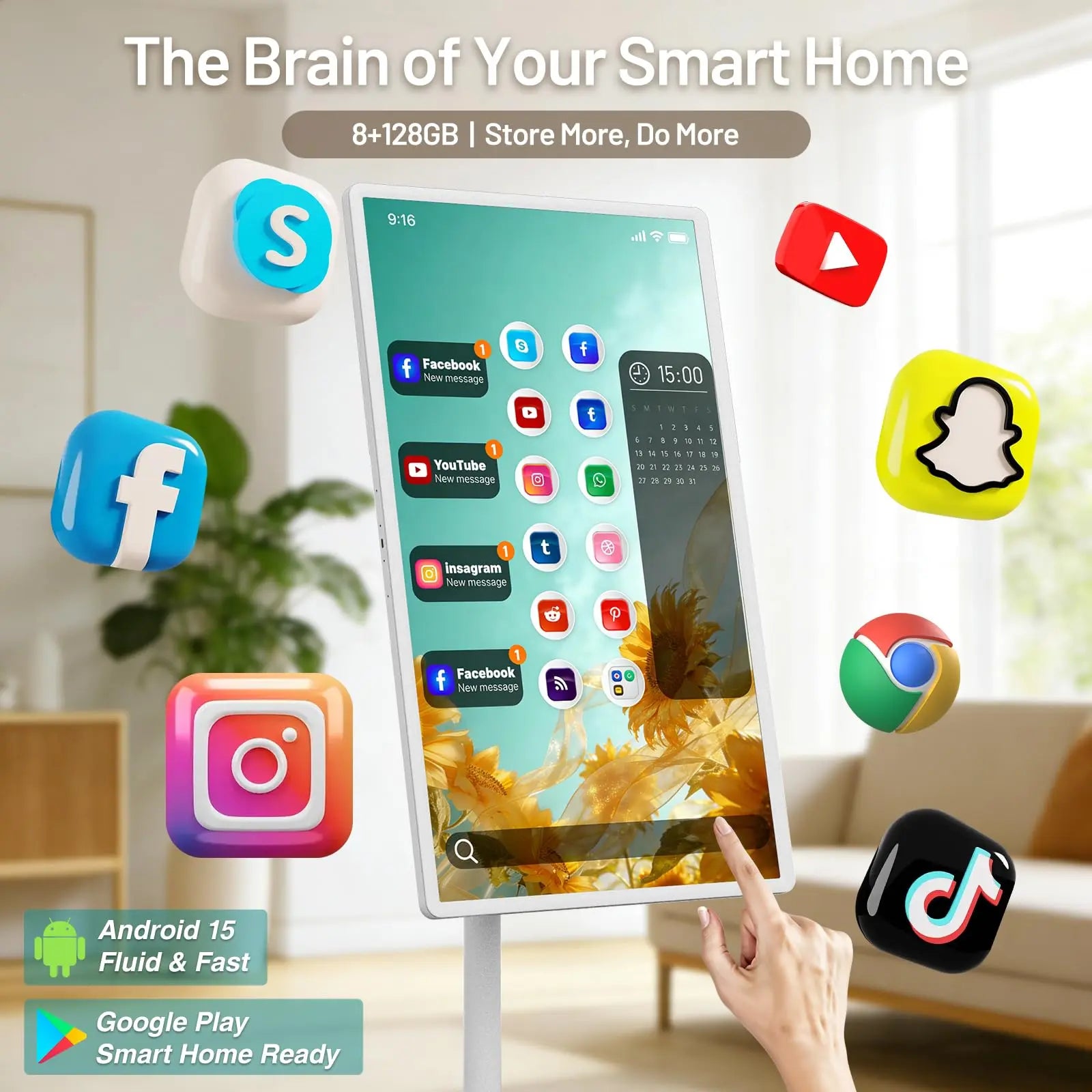 KEFEYA 32-Inch Portable Smart TV - 1080P Full HD Touch Screen, Rechargeable Android 15, 8G RAM, 128G Storage, 360° Swivel, All-Day Battery, Perfect for Backyard Gatherings & Video Playback!