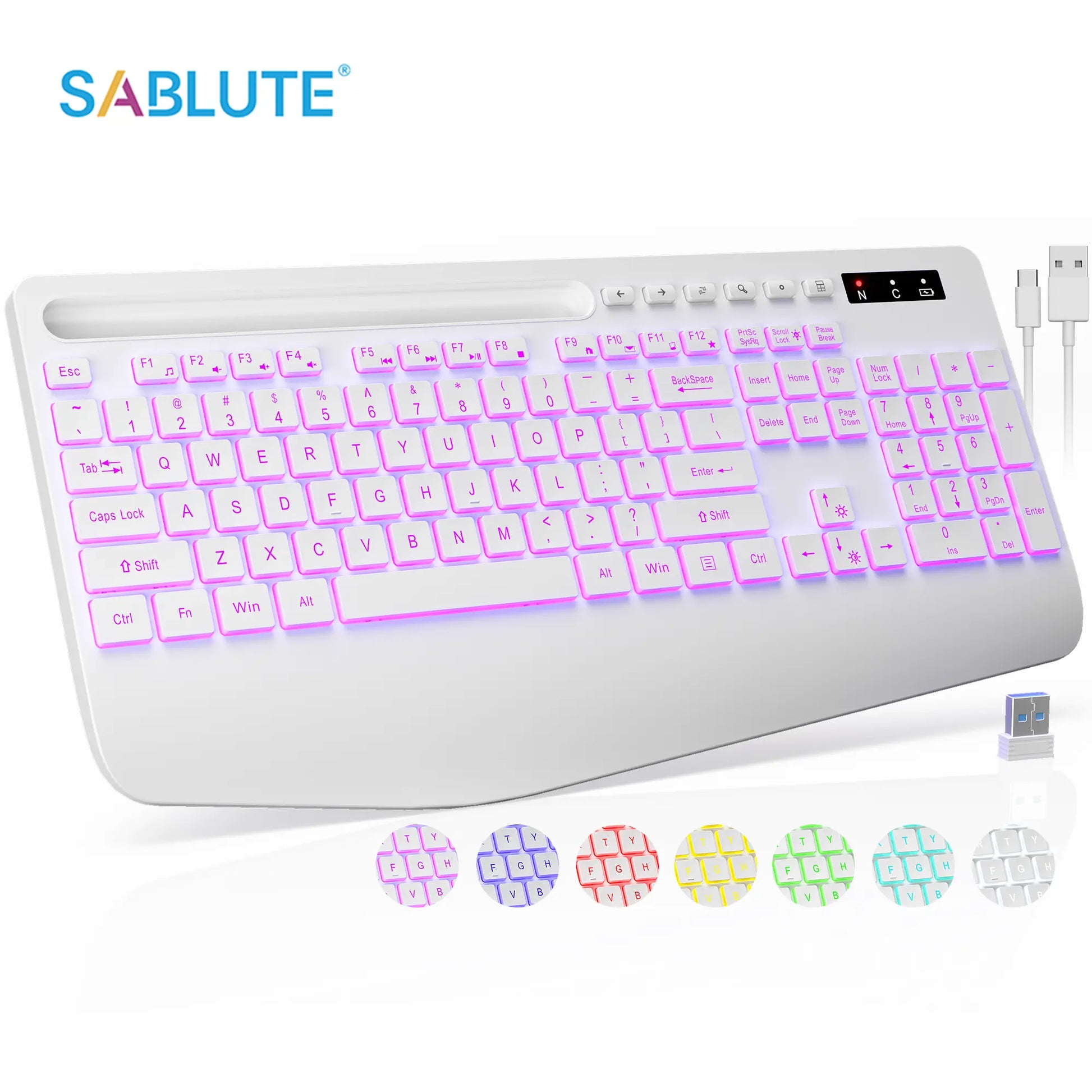 Ergonomic Wireless Keyboard with Rechargeable Battery, 7-Color Backlighting, Wrist Rest, and Phone Stand, Featuring Silent Light Keys
