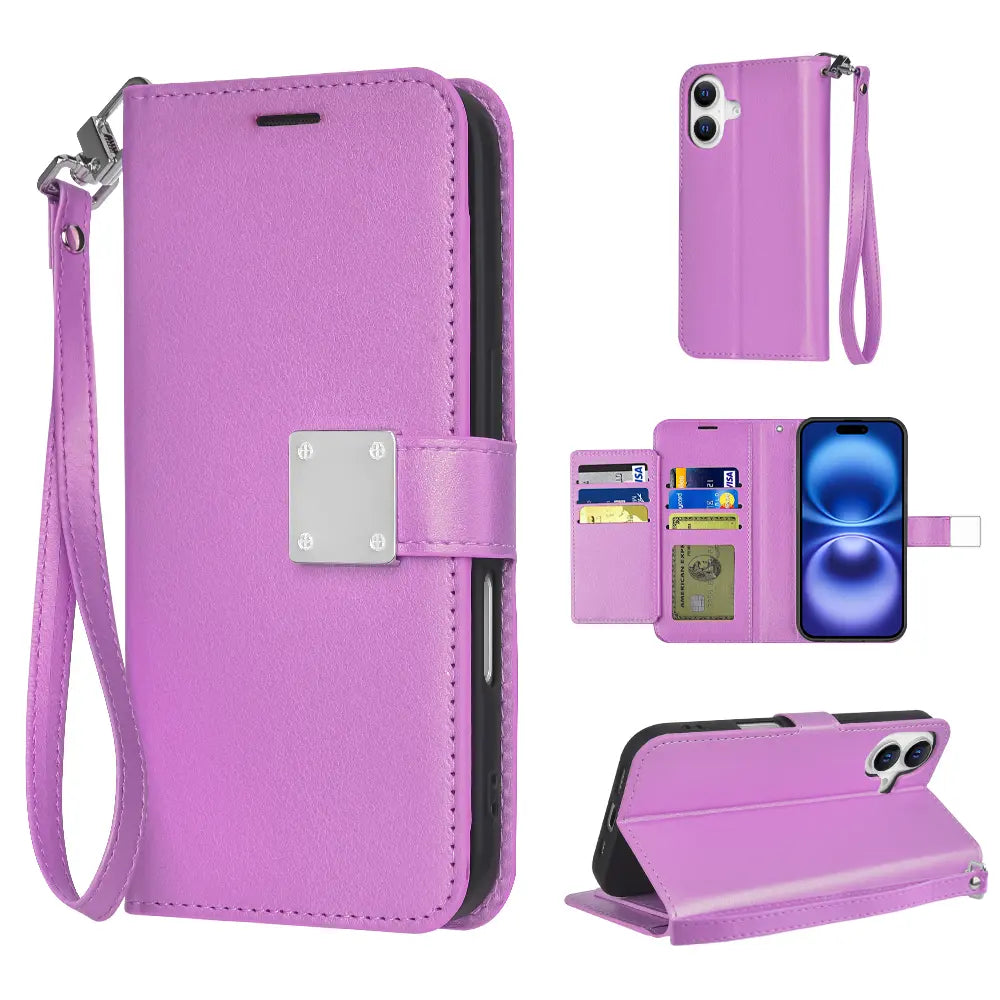 Premium Synthetic Leather Bi-Fold Wallet Case with Strap for Apple iPhone 16 - Stylish Credit Card Holder and Stand