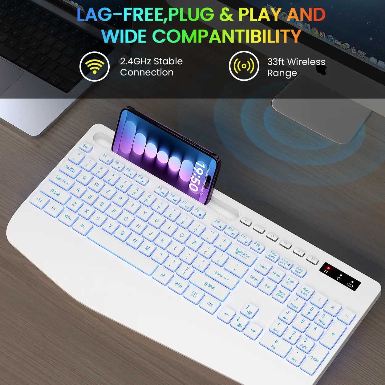 Ergonomic Wireless Keyboard with Rechargeable Battery, 7-Color Backlighting, Wrist Rest, and Phone Stand, Featuring Silent Light Keys
