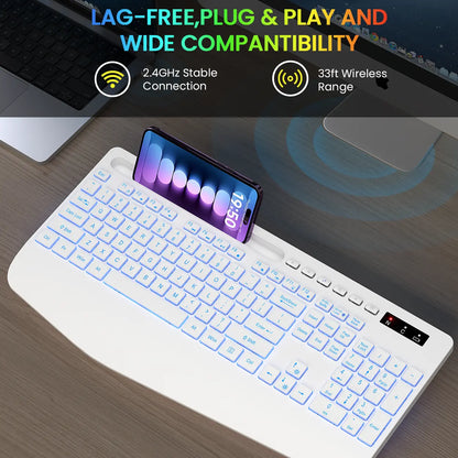 Ergonomic Wireless Keyboard with Rechargeable Battery, 7-Color Backlighting, Wrist Rest, and Phone Stand, Featuring Silent Light Keys