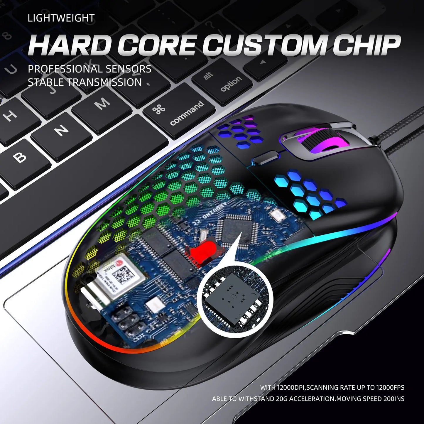 Honeycomb Wired Gaming Mouse, RGB Light with On/Off Switch, 7200 Adjustable DPI, Ergonomic Lightweight 100G Design, High Precision Optical Sensor, 6 Buttons 1.5M Cable, Compatible with PC Laptop Gamers