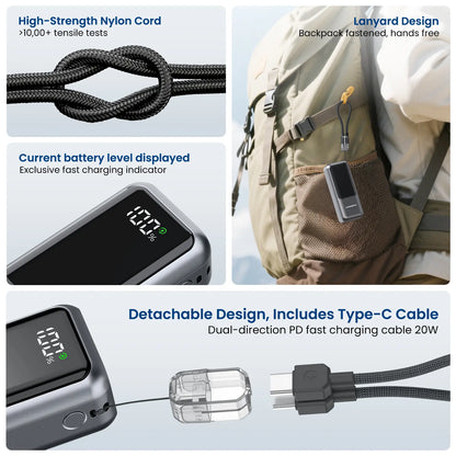 Digiera 10000Mah Magnetic Power Bank for Phones & Digital Devices, 20W PD Fast Charging, Built-In USB-C Dual-Direction Cable Lanyard, LED Battery Display, Compact Travel-Friendly Protection Accessory