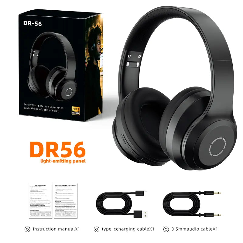 Over-Ear Wireless Bluetooth Headphones LED Light up Hybrid Noise Reduction Hi-Res Audio Deep Bass Hi-Fi Stereo 100H Long Playtime Foldable Lightweight Headset Soft Comfort Earpads Built-In Mic Compatible Ios/Android/Pc for Office Travel Gym Outdoor Black