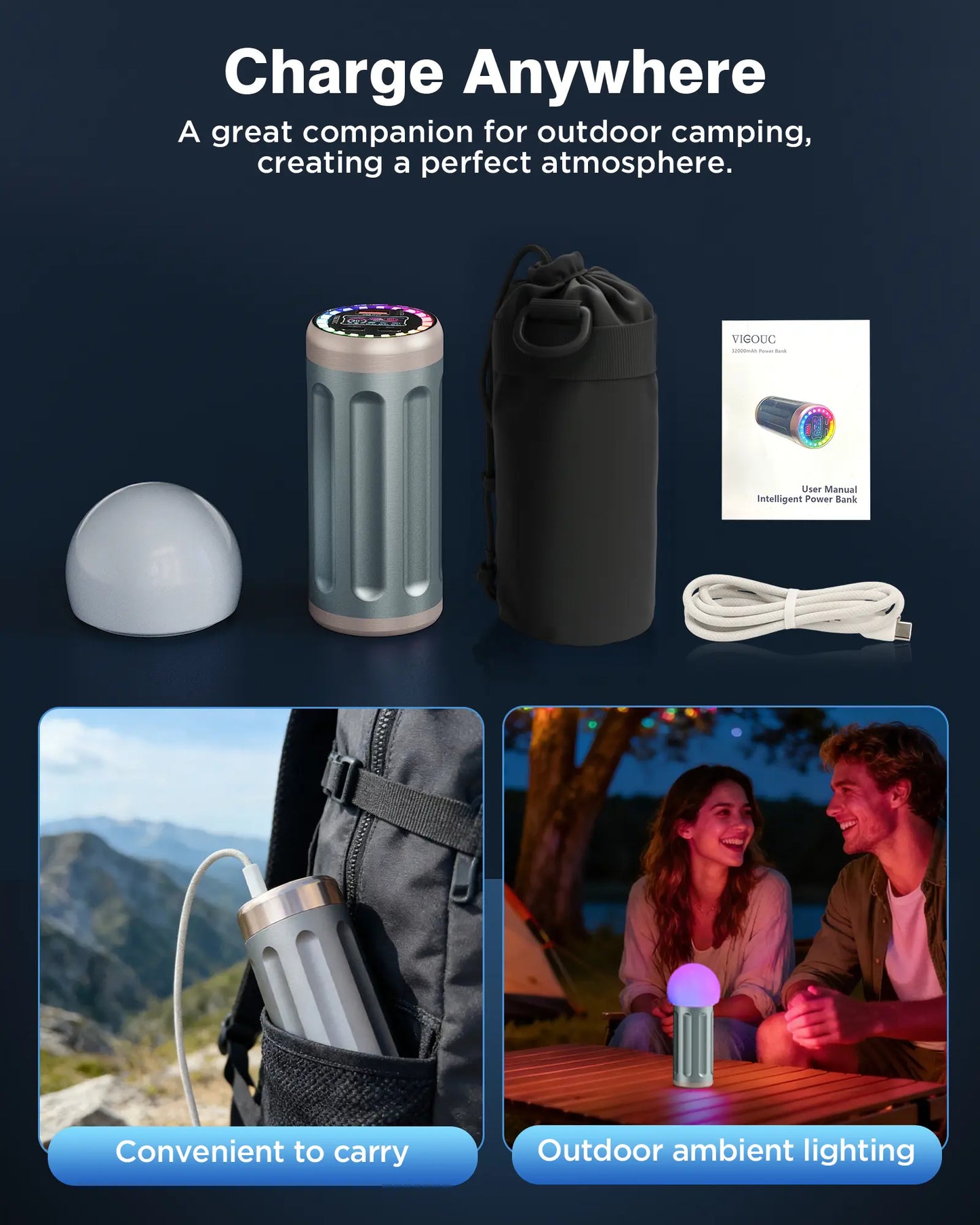 VIGOUC 32,450mAh High-Capacity Mobile Power Bank - PD 22.5W Fast Charging, RGB Lighting, TFT Display, Triple Output, USB Compatibility for Smartphones, iPhone 17/16/15, Samsung, and Other Digital Devices (Ideal for Camping and Emergency Use)