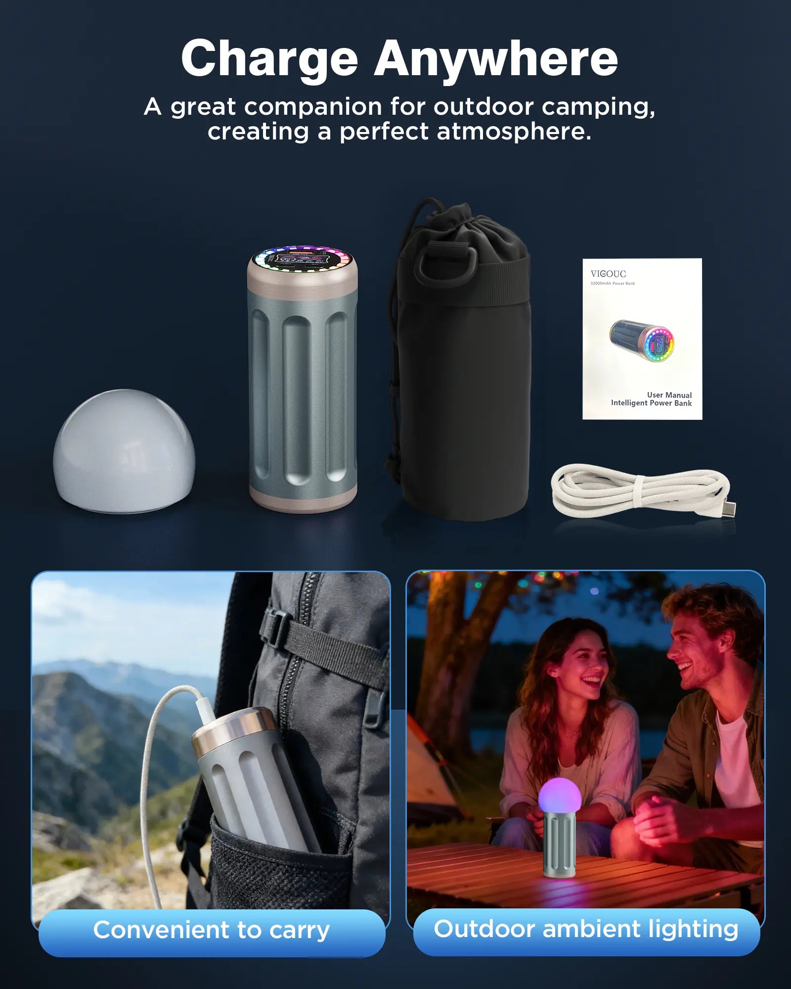 VIGOUC 32,450mAh High-Capacity Mobile Power Bank - PD 22.5W Fast Charging, RGB Lighting, TFT Display, Triple Output, USB Compatibility for Smartphones, iPhone 17/16/15, Samsung, and Other Digital Devices (Ideal for Camping and Emergency Use)