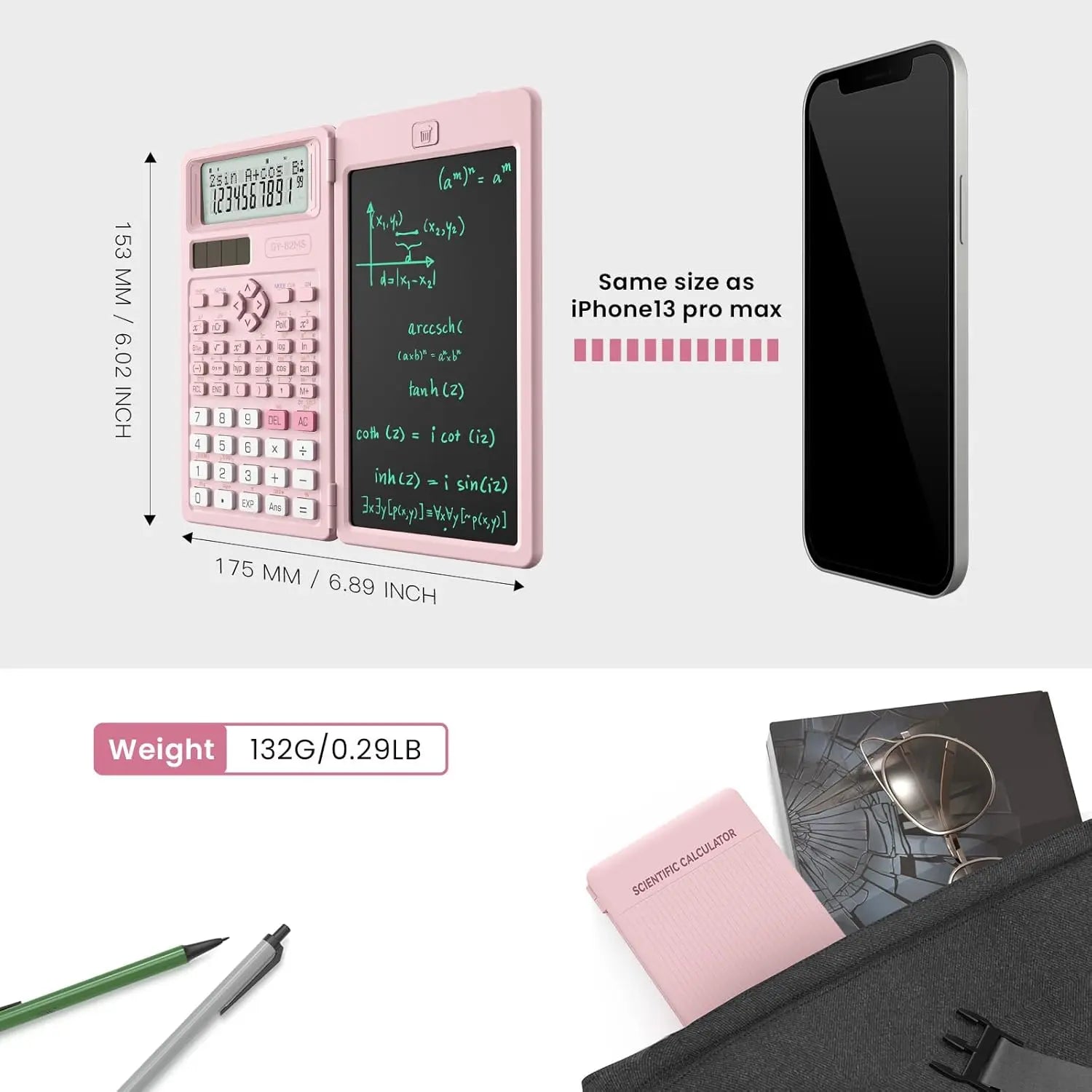 Plastic Scientific Calculator Cute, 82MS Foldable 2-Line Display, 240-Functions Solar & Battery Powered, Portable Notepad-Included School Supply for Middle-High School Students (Party Bag for Kids) Gifts