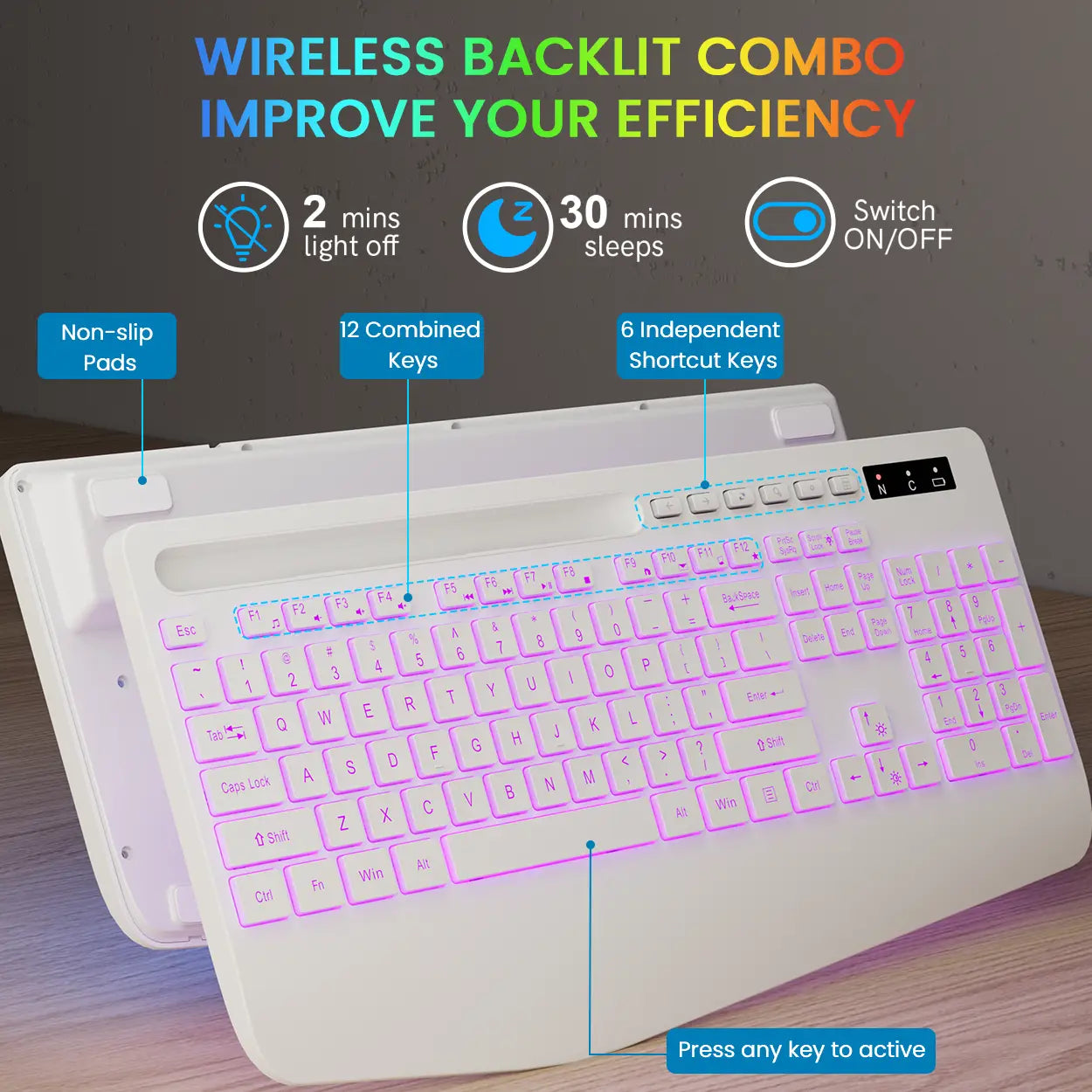 Ergonomic Wireless Keyboard with Rechargeable Battery, 7-Color Backlighting, Wrist Rest, and Phone Stand, Featuring Silent Light Keys