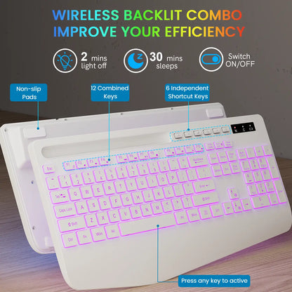 Ergonomic Wireless Keyboard with Rechargeable Battery, 7-Color Backlighting, Wrist Rest, and Phone Stand, Featuring Silent Light Keys