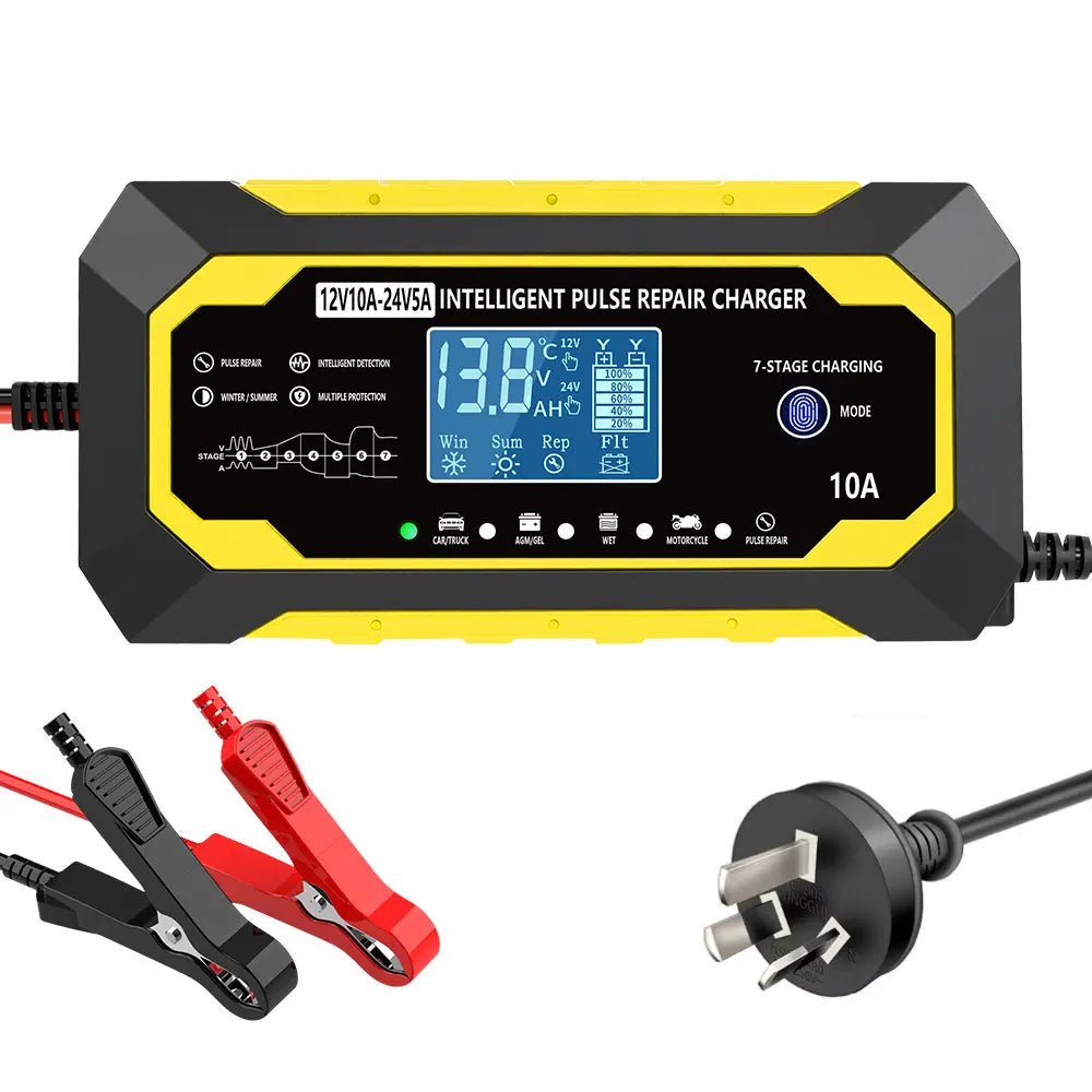 12V 10A-24V 5A Full Auto Fast Car Battery Charger - Intelligent Pulse Repair Replenisher with LCD Screen, Multifunctional for Cars, Trucks, Marine Batteries