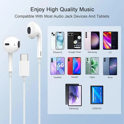 USB-C Earphones with Mic, Volume Control, Hifi Stereo - Compatible with Iphone 17/17 Pro/16/15, Samsung S25/S24/S23, Pixel 10/9, Oneplus & USB-C Phones