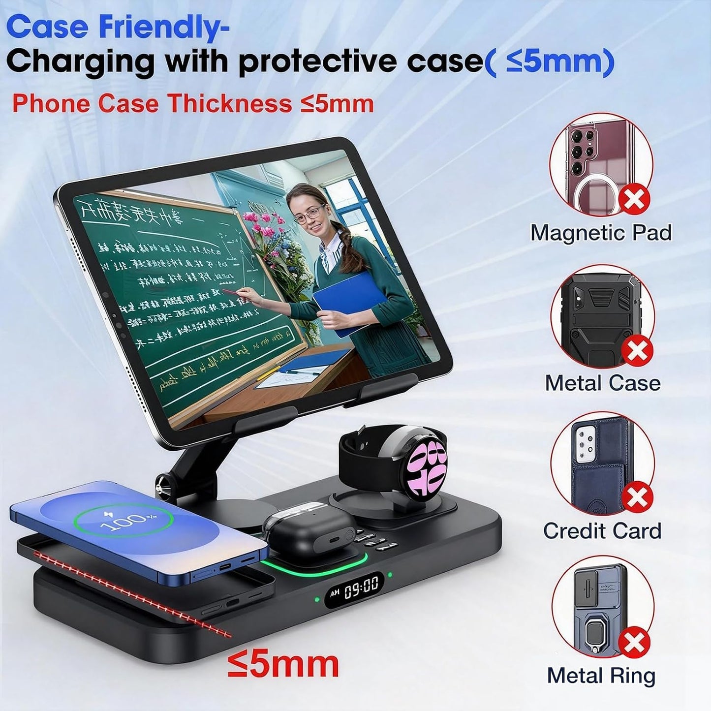 30W Tablet Wireless Charger for Samsung, Foldable Android Charging Station with Clock Display with 7-Color Light, Wireless Watch Charger for S25, Only Compatible Samsung Watch, Galaxy Buds3 Pro(Black)