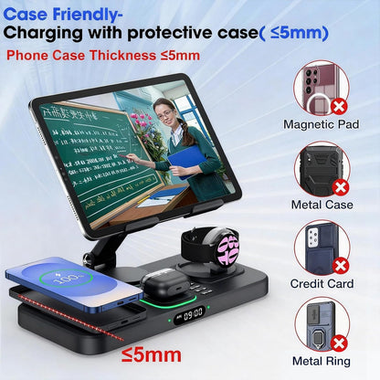 30W Tablet Wireless Charger for Samsung, Foldable Android Charging Station with Clock Display with 7-Color Light, Wireless Watch Charger for S25, Only Compatible Samsung Watch, Galaxy Buds3 Pro(Black)