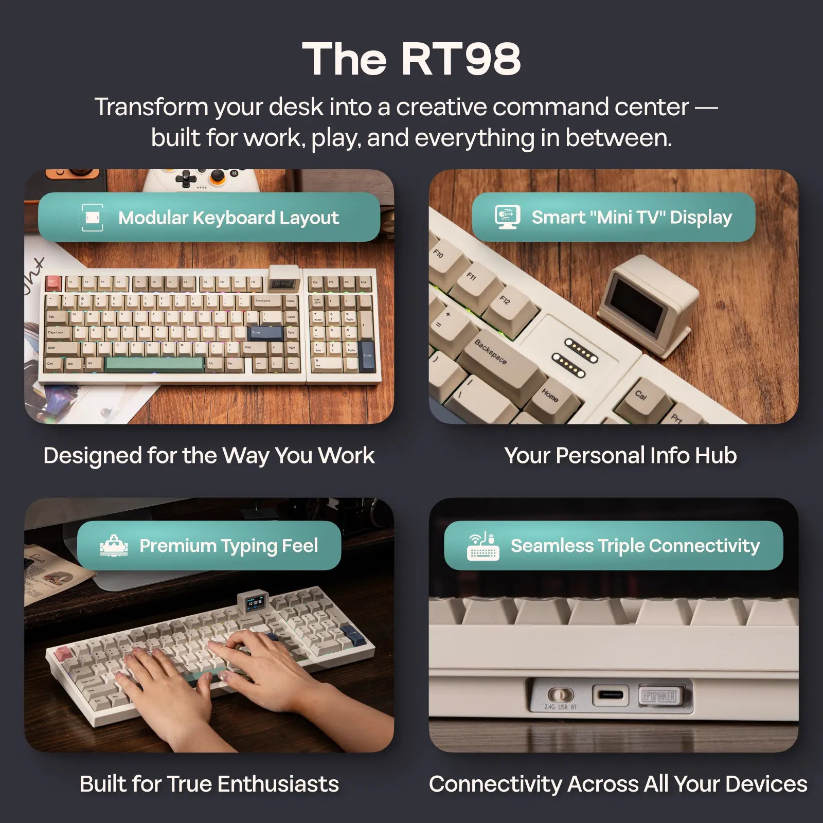 EPOMAKER RT98 Creative Modular Retro Gaming Keyboard with Detachable Mini TV Hot Swap Tri-Mode BT/2.4G/USB-C Custom Driver RGB Backlit PBT Keycap for Win/Mac Computers & Office Equipment Keyboards Creamy Keyboard Back to School Shopping, Pbt Keycaps, Deta