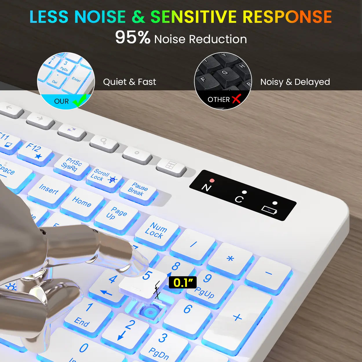 Ergonomic Wireless Keyboard with Rechargeable Battery, 7-Color Backlighting, Wrist Rest, and Phone Stand, Featuring Silent Light Keys