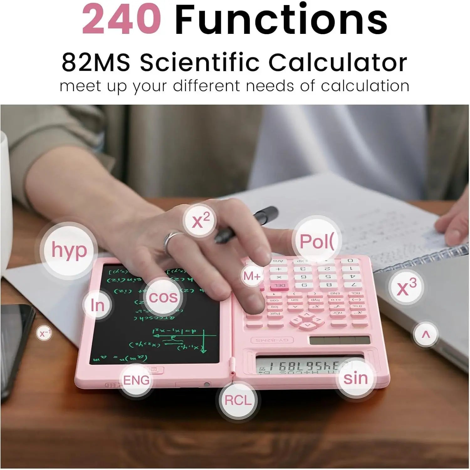 Plastic Scientific Calculator Cute, 82MS Foldable 2-Line Display, 240-Functions Solar & Battery Powered, Portable Notepad-Included School Supply for Middle-High School Students (Party Bag for Kids) Gifts