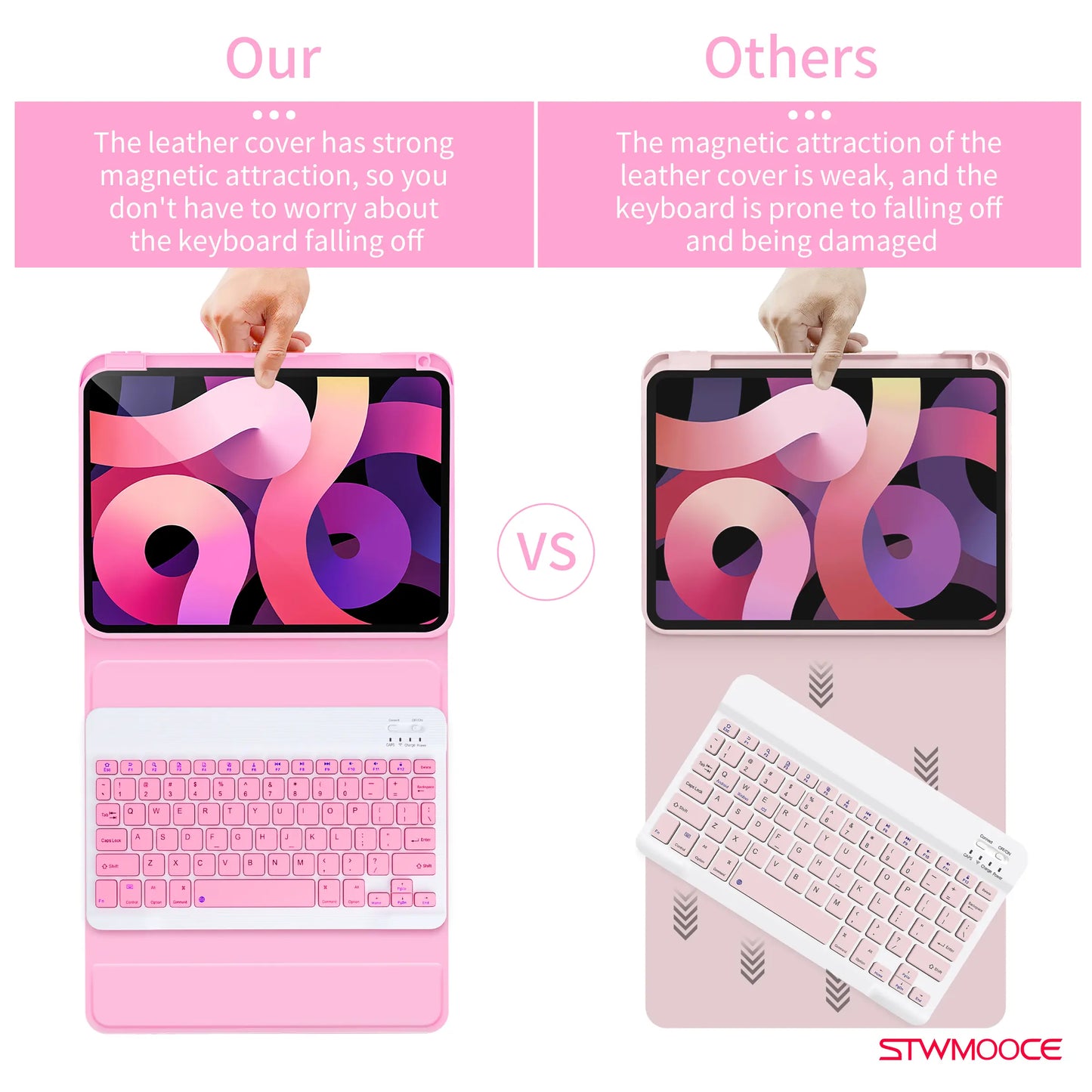 STWMOOCE Ipad Case with Wireless Keyboard, Detachable Tablet Bluetooth Keyboard Magnetic Cute Case for 10.2-Inch Ipad 7/8/9Th, 10.9/11-Inch Ipad 10Th/A16, Ipad Air 4/5Th, 11-Inch Ipad Air M2/M3/M4, Ipad Pro 11-Inch 1/2/3/4Th Gen, Pencil Holder Pink Cover