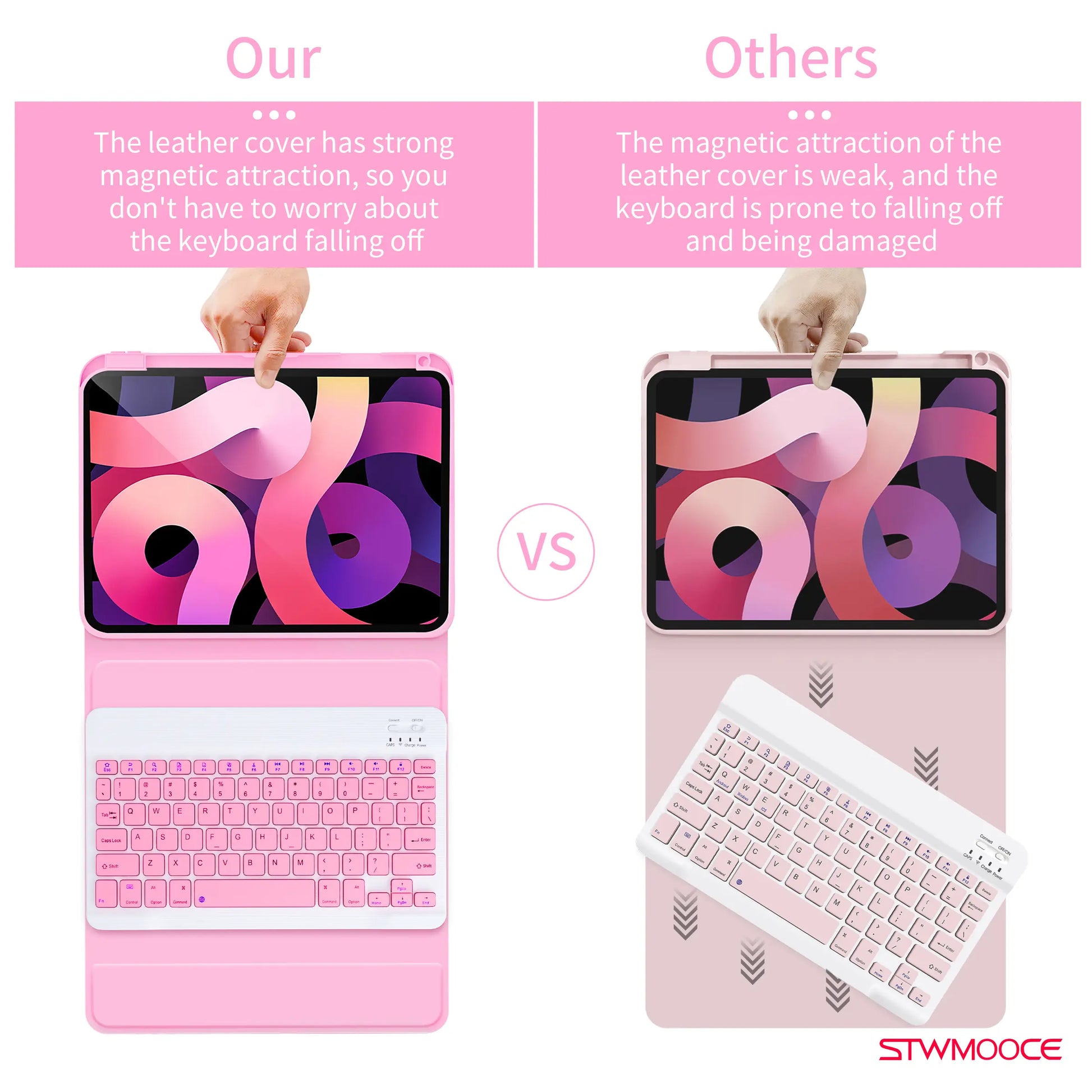 STWMOOCE Ipad Case with Wireless Keyboard, Detachable Tablet Bluetooth Keyboard Magnetic Cute Case for 10.2-Inch Ipad 7/8/9Th, 10.9/11-Inch Ipad 10Th/A16, Ipad Air 4/5Th, 11-Inch Ipad Air M2/M3/M4, Ipad Pro 11-Inch 1/2/3/4Th Gen, Pencil Holder Pink Cover