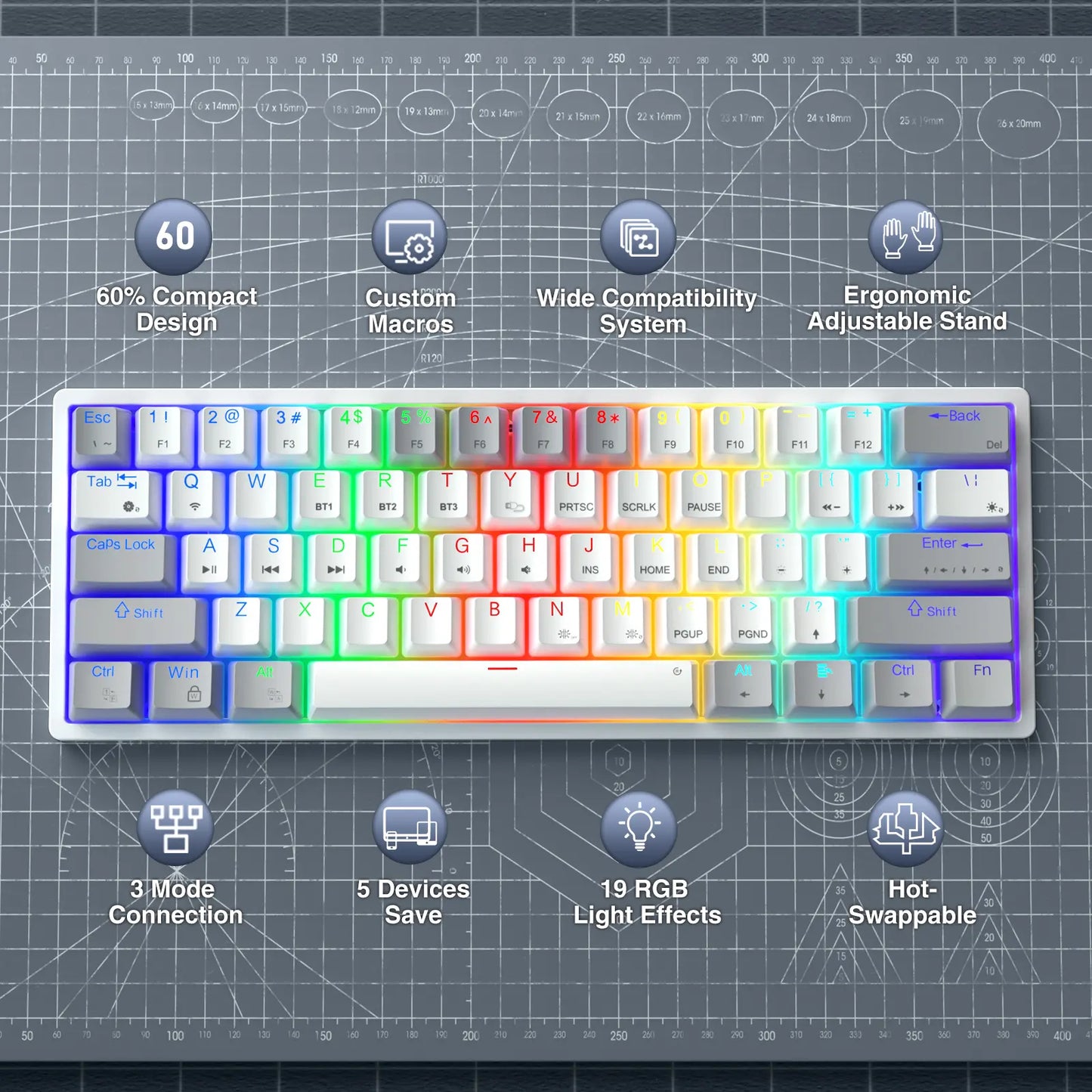 Solakaka SK961 Tri-Mode Wireless Mechanical Keyboard, 60% Compact RGB Gaming Keyboard with Bluetooth 2.4G USB-C, Affordable Programmable Keyboard for Gaming Office