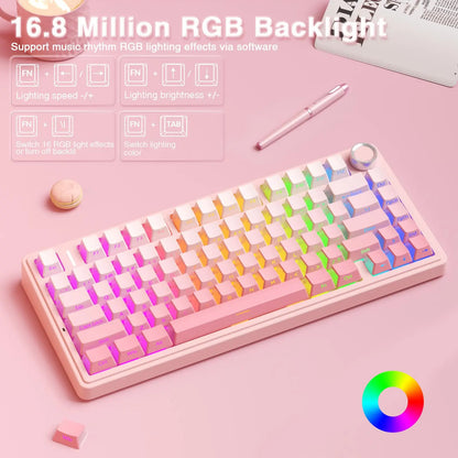 AULA F75 Pro Pink Aesthetic Bluetooth Keyboard - Creamy Silent Mechanical Keyboard with 3-Side Glow RGB Keycaps, Customizable Switches for Cute Desk Setup, Creamy Keyboard,Back to School,Back to School Haul