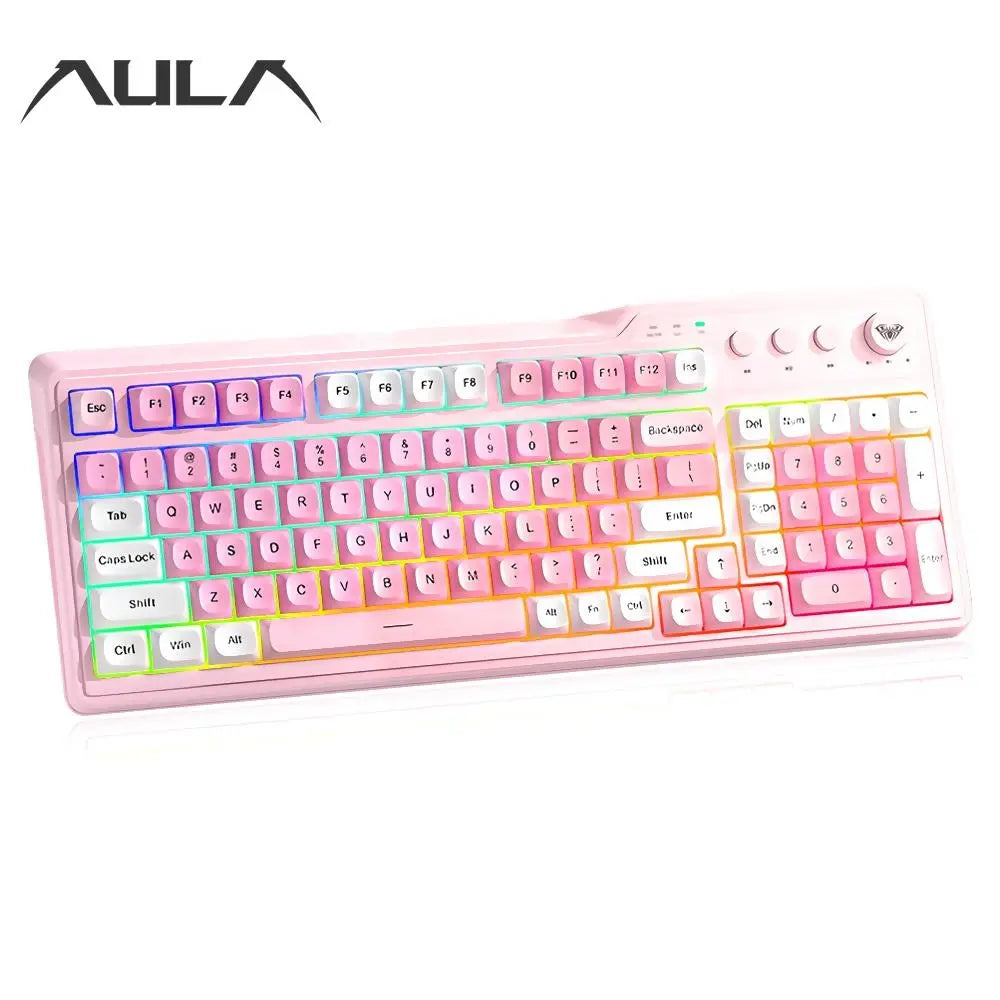 Aula Wolf Spider F3099 Three-Mode Quiet RGB Wired Keyboard, Cool RGB Lighting, Music Rhythm, Multi-Function Knobs, Ergonomic Design, Long Battery Life