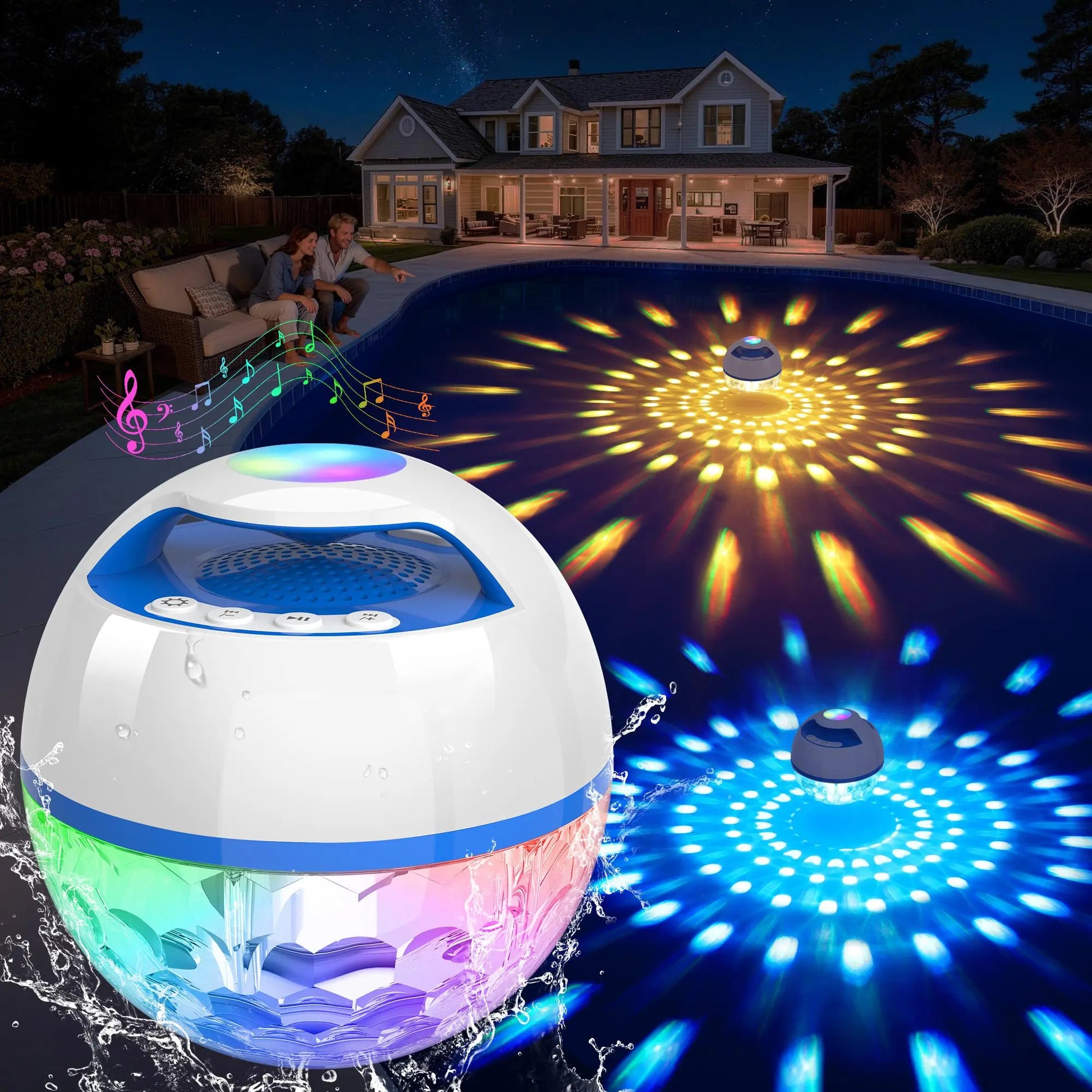 White 2-In-1 IP68 Waterproof Floating Bluetooth Speaker - Colorful LED Light, 360° Surround Stereo Audios, Hands-Free Portable Wireless Speaker with Charging & Connection Support for Pool, Hot Tub, Bass Speakers