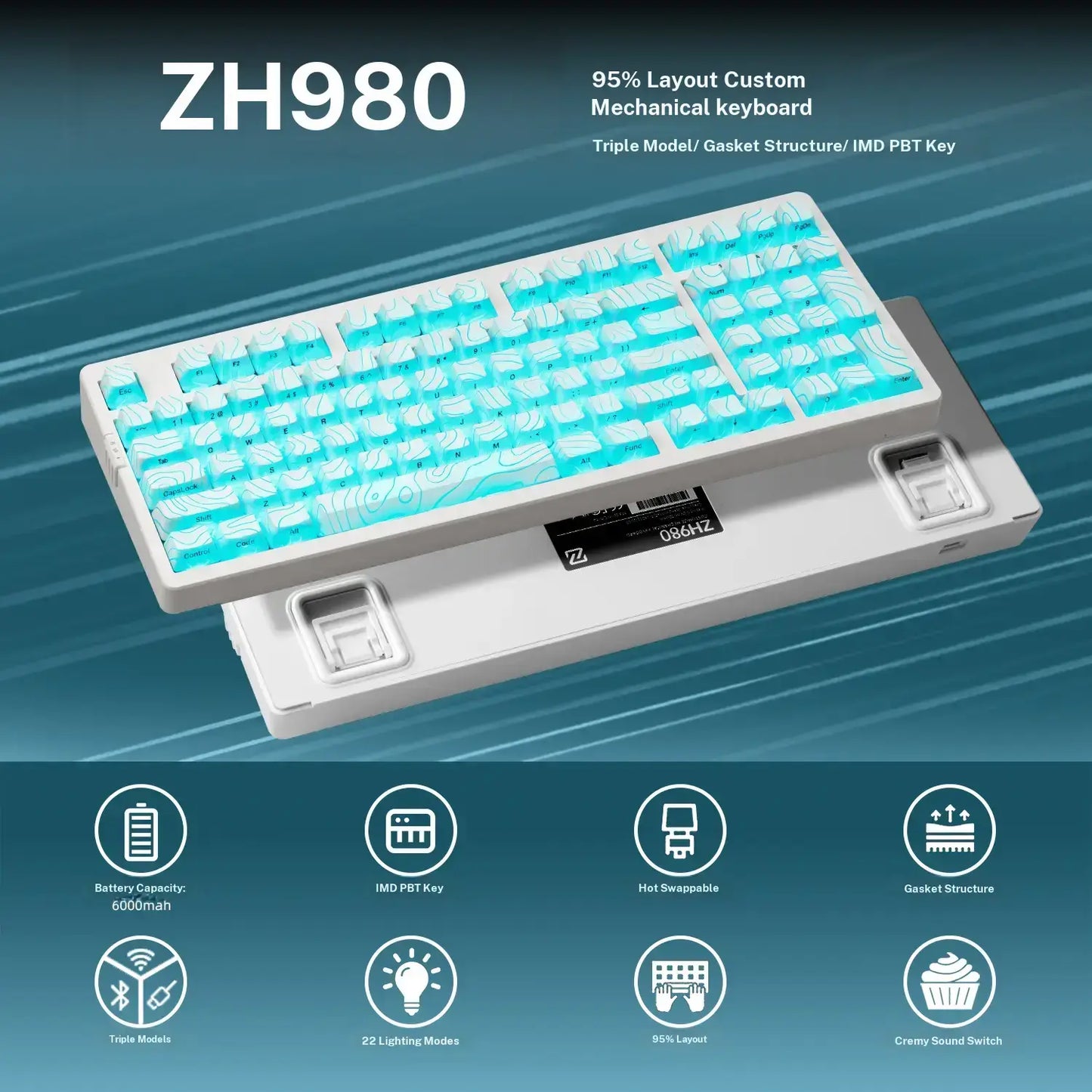 ZORNHER ZH980 95% Wireless Bluetooth Mechanical Gaming Keyboard, Black, Hot Swappable, Clicky, RGB Backlit, 2.4Ghz/Usb-C/Bt5.0, IMD Technology, Computer Peripherals, Gaming Items, Father'S Day Gift Idea, Back to School Shopping